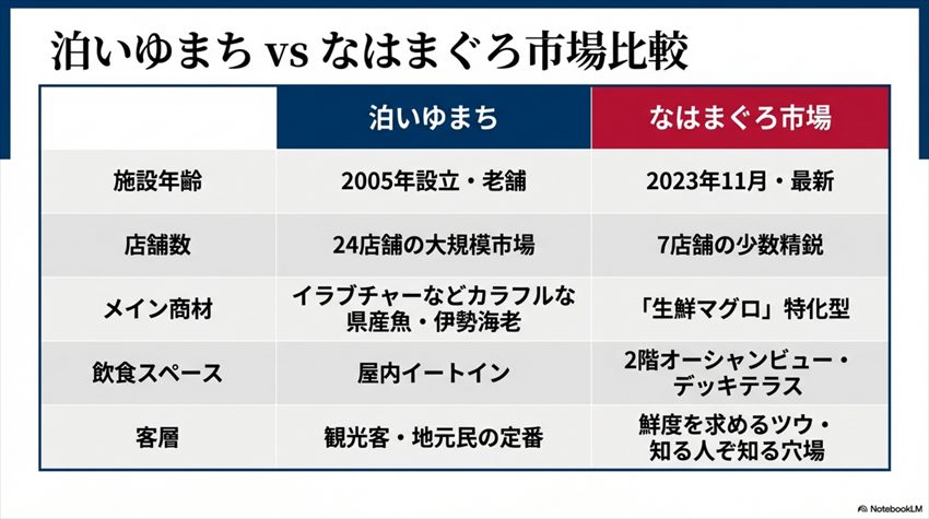 泊いゆまち vs なはまぐろ市場比較