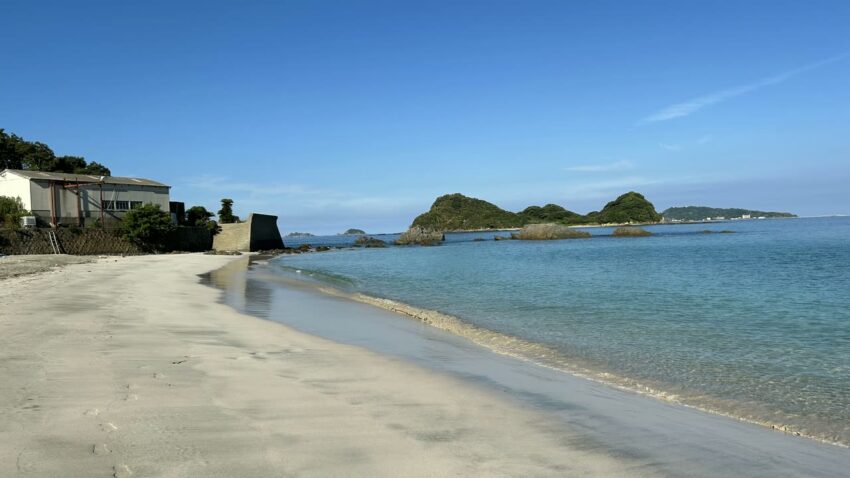 くじら浜の砂浜と波打ち際、浜沿いに見える建物